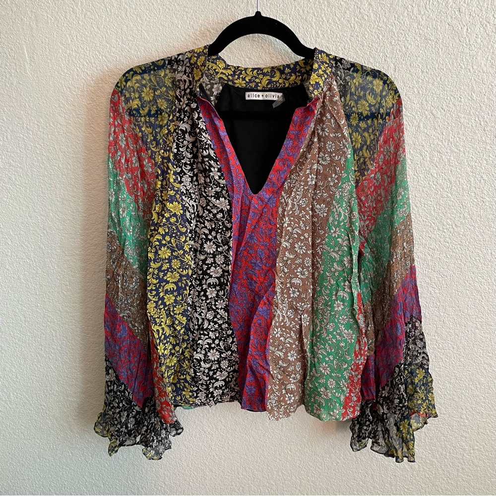 Alice + Olivia Multicolor 70s Long Sleeve Floral Boho Blouse Top - Picture 8 of 11